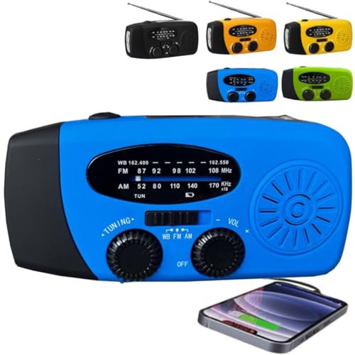 Portable Emergency Radio, Wind Up Solar Hand Crank Powered Weather Radio with AM/FM Tuner 2000mAh USB Phone Charger SOS Alarm LED Flashlight for Household Outdoor Camping Hiking (blue)