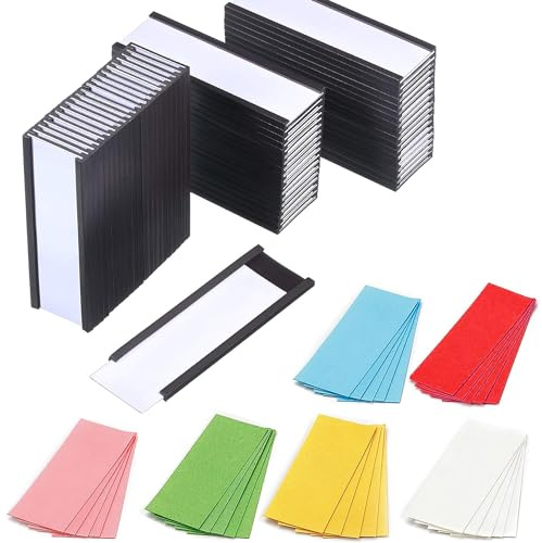 50 Magnetic Label Holder | 25MM x 76MM |,with 100 Paper Inserts,50 Plastic Protectors and 25 Colorful Cardstock | Mess Free Reusable for Shelf White Board Toolbox Metal Wall Cabinet Drawer