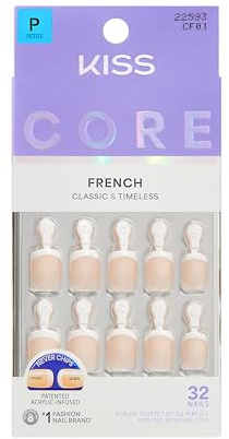 KISS CORE French Tip Press On Nails, ‘Perfection’, White, Petite Squoval, 32 Count