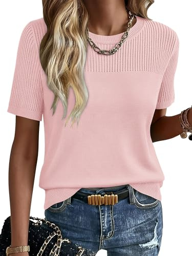 KISSMODA Womens Summer Tops Casual Crewneck Short Sleeve Jumpers Solid Hollow Out Knitted Loose Sweater Blouses Basic Trendy Knitwear
