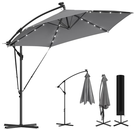 WOLTU Sonnenschirm 300 cm, mit Solar-LED-Beleuchtung, Ampelschirm rechteckig 360° drehbar, Sonnenschutz UPF 50+, mit Windschutzseilen Schutzhülle, für Balkon Garten Terrasse, Dunkelgrau