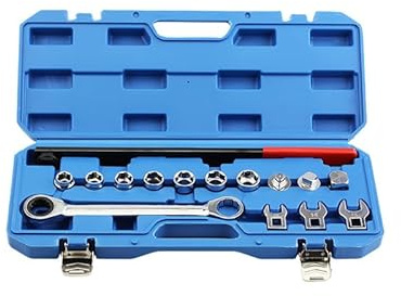Herramienta Tensora para Correas Trapezoidales, 15 Piezas Instalación de correa de Motor Multiusos con Estuche Almacenamiento Juego de Llaves para Poleas Tensoras de Correa Serpentina 13-19 mm