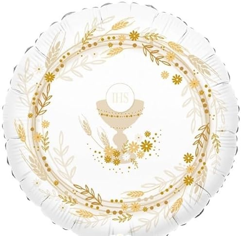 Pallone Prima Comunione - Bianco e Crema con stampa Calice e spighe - PALLONCINO in foil Mylar - 45CM - gonfiabile ad aria o elio - FORNITO SGONFIO