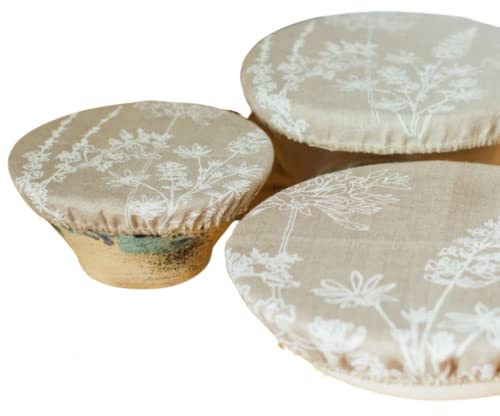 Reusable Linen Bowl Covers - Set of Three. Perfect for covering food can be used in the fridge. A great cling film alternative. Machine washable. Fits bowls, 18, 22 and 30cm diameter.