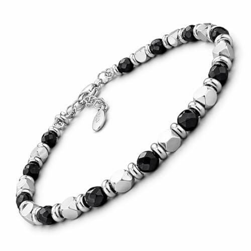 SAGA GIOIELLI® Bracciale Uomo Donna Pietre Dure Onice Nero Vari Colori Quadrello Acciaio (NERO)