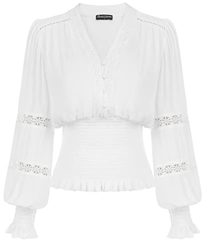 Scarlet Darkness Chemisier à Smocks Renaissance en Dentelle avec col en V et Manches lanternes pour Femme