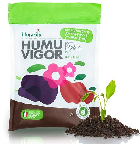 FLORAMIO Humus di Lombrico Biologico 100% Made in Italy – Aumenta la Fertilità e Migliora la Struttura del Tuo Terreno – Fertilizzante Naturale Inodore per Piante da Orto Frutta Prato Giardini Fiori