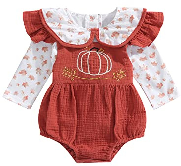 Geagodelia Abito Halloween Neonata Tutina Bimba Maglietta Top a Maniche Lunghe con Stampa della Zucca+Tutina con Bretelle Costume Halloween Bambina (Rosso, 0-6 Months)