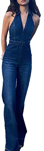xxxiticat Mono de mezclilla sexy sin mangas para mujer, de discoteca, pelele elástico de una pieza con bolsillo, azul, L