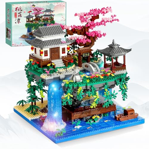 3200Teile Micro Bausteine,Pfirsichblüten Teich Architektur Mini Baustein,Klemmbausteine Haus mit LED,Sakura-Baumhaus-Bausatz für Erwachsene,Modular Architektur Spielzeug Nicht Kompatibel mit Lego Haus