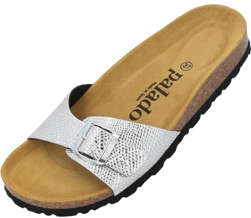 Palado Pantoletten Damen Malta Coralino – elegante Sandalen Made in Spain - bequeme Hausschuhe mit Kork-Fußbett - modische Sommerschuhe Silber UK7 - EU40