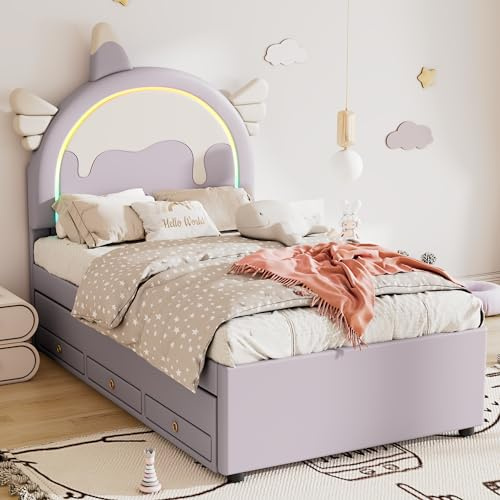 Moimhear 90 x 200 cm Cuna de dibujos animados, forma de unicornio, equipada con cama enrollable extraíble, material de poliuretano, color morado