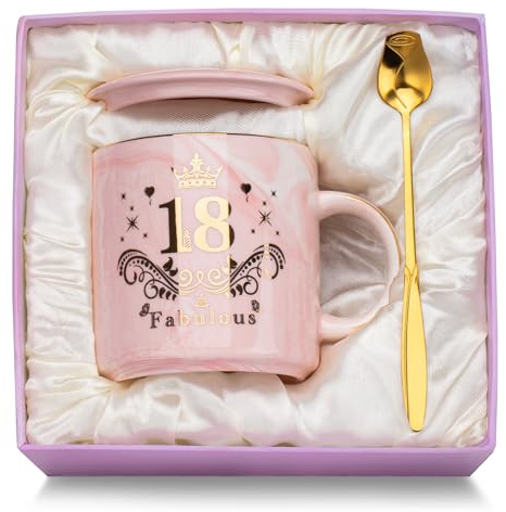 18. Geburtstag Mädchen, Geschenke zum 18 Geburtstag Mädchen 14 Unzen Kaffeetasse mit Golddruck, Lustige Geschenke 18 Marmorierte Keramik Kaffeetasse Rosa, mit Deckel, Löffel, Grußkarte, Geschenkbox