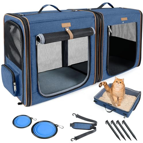 Lekereise Large Cat Carrier for 2 Cats, 2-in-1 Cat Travel Carrier with Litter Box, (17.7 x2) x16.5x13 Pet Carrier with Zipper Locks for Moving Across The Country (No Hammock) - Blue