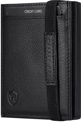 VON HEESEN Slim Wallet mit Münzfach & RFID Schutz - Leder Geldbörse Herren klein - Mini Geldbeutel Damen Portmonee - Kartenetui Echtleder Karten Portemonnaie - Kreditkartenetui Schwarz genarbt