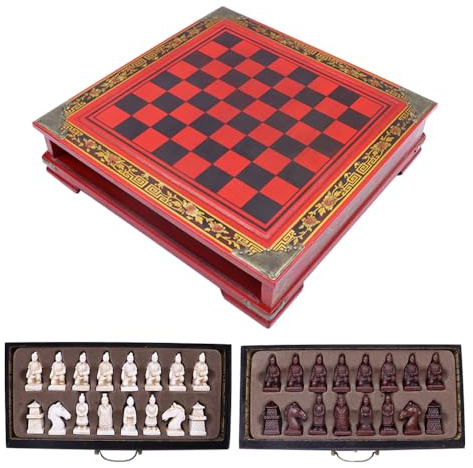 Ieron Jeu d'échecs Retro Terracotta Warriors, Jeu de société Familial Classique fabriqué à la Main avec échiquier et boîte de Rangement (26 cm)
