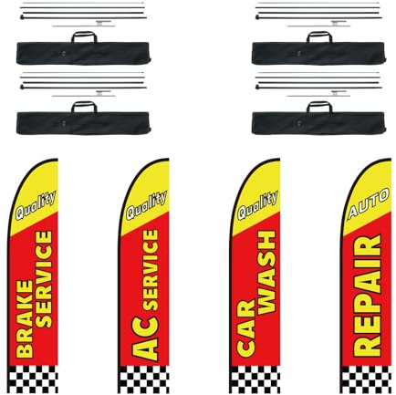 VEVOR Kit de Mástil y Bandera de Pluma de Reparación de Automóviles Kit de Banderas de Pluma, 4 Banderas(BRAKE SERVICE, AC SERVICE, CAR WASH, REPAIR), 4 Mástiles de 4,5 m, 4 Estacas para el Suelo