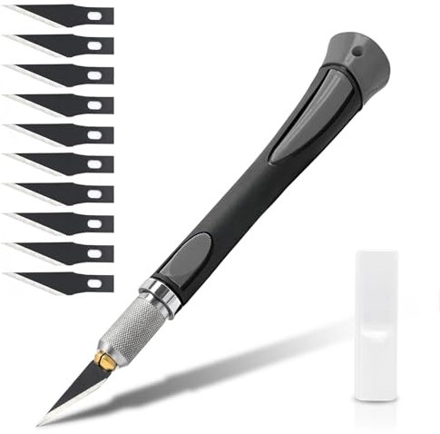 1 Stück Bastelmesser Skalpell Set, Grau Schnitzmesser mit Softgriff, Skalpell mit 10 Schwarz Ersatzklingen, Cuttermesser, Carving Craft Messer, Hobbymesser für DIY Kunst
