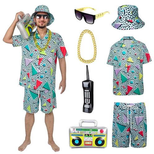 YQVGFBY 80- och 90-tals kostym för män, 80- och 90-talets musselkostym, set med t-shirt och hip-hop-shorts, sportkläder, diskokostym, karneval, Grön, XXL