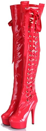 denova's Stivali da donna in vernice da 15,2 cm, tacco molto alto, con lacci, plateau, pole dance, sopra il ginocchio, con cerniera, Rosso 2, 12 US