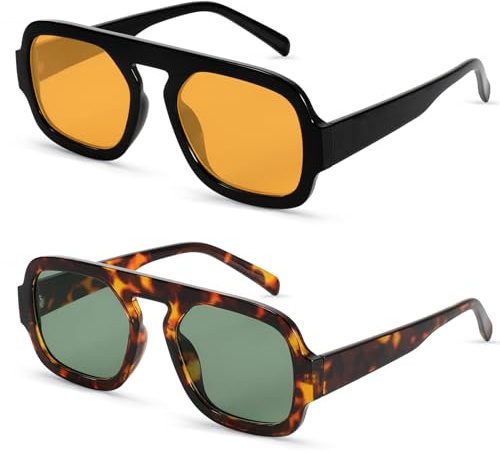 Beipegin 2 Pièces Lunettes de Soleil Femme Homme Carrées Rétro de Soleil Protection UV400