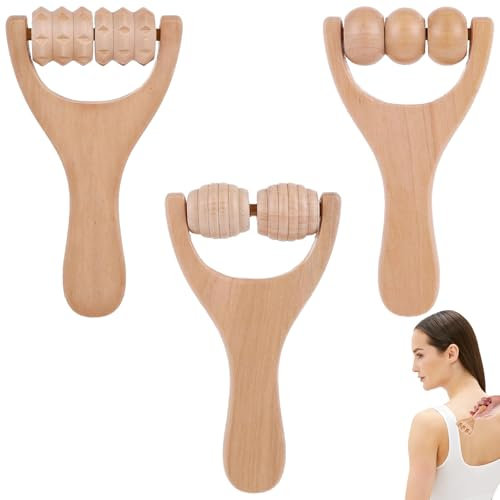 3-Teilig Massageroller Holz,Mit Griff Massage Roller,Multifunktion Massageroller Beine,Massagerolle Geeignet FüR Nacken,Schultern,Beine,FüßE,RüCken