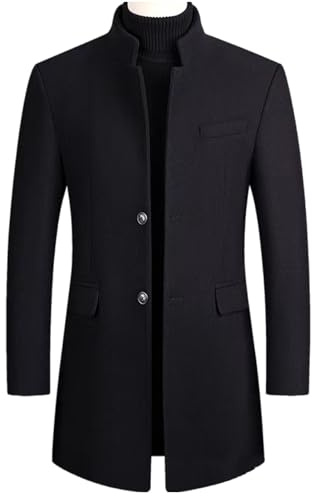 Yancremio Moda Retro De Los Hombres De Negocios Casual Clásico Cuello De Pie Botón Mezcla De Lana Abrigo Otoño E Invierno Delgado Oficina Tweed Abrigo De Longitud Media (Negro,5XL)