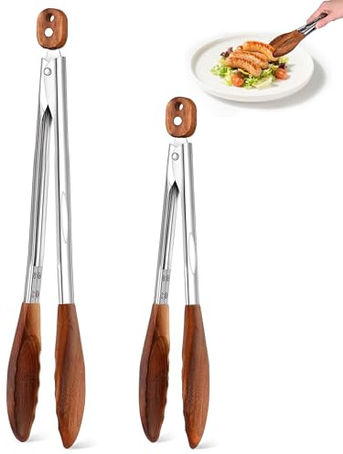 Wooden Tongs for Cooking Set of 2 (11.4, 15) Natural Walnut Wood kitchen Tongs for Grilling, Serving, BBQ and Tossing Salad etc | Ergonomic Stainless Steel Non-Slip Grip, Heat Resistant, Pull Lock