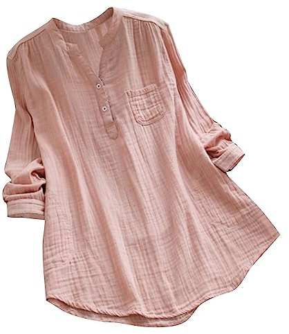 Gauze Linen Shirt Women UK Plus Size, Ladies Cotton Linen T-Shirts Elegant Long Sleeve Button Henley V Neck Casual Lagenlook Longline Summer Blouses Boho Plain Tee Shirt Long Tunic Tops Pink