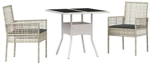 Mhdvray Gruppo da pranzo da giardino, 3 pezzi, grigio chiaro, in rattan sintetico, 80 x 80 cm, tavolo 2 sedie con seduta, design moderno, robusto e durevole, per balcone, terrazza e piccolo salotto