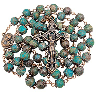 Nazareth Store Vintage-Design Rosenkranz-Halskette aus natürlichen Jaspissteinperlen mit Heiliger Erde-Medaille & Kreuzkreuz - Religiöse Rosenkränze Terra Santa Jerusalem Kollektion