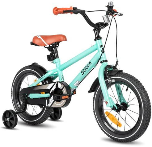 STITCH Vélo pour Enfants 14 Pouces de 3, 4 et 5 Ans Argent pour Filles et Garçons avec Stabilisateurs et Freins à Main,Vert