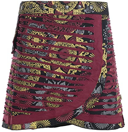 Vishes - Alternative Bekleidung - A Line Damen Wickelrock Kurzrock Mini Hippie Skirt mit Knöpfen schwarz-dunkelrot 36-46