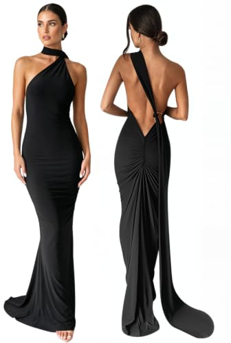 Suillty Robe Longue Sexy pour Femme avec épaules obliques, Dos Nu, Bretelles froncées dans Le Dos, sans Manches, pour fête, Club, Robe Moulante, Noir, Taille S