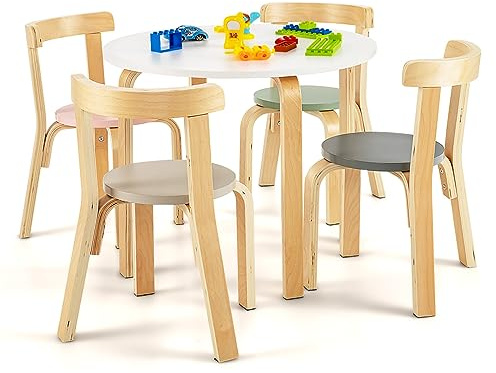 LIFEZEAL Set med träbord och 4 barnstolar, set med 5 delar, barnmöbler, för sovrum, dagis, lastkapacitet på 25 kg (flerfärgad)