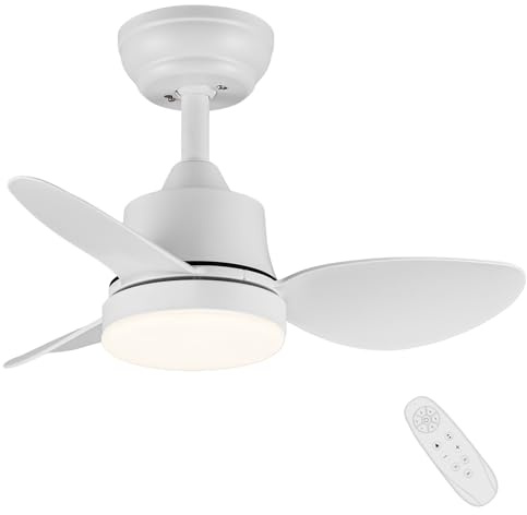 Newday 24inch Small White Ceiling Fan with Light and Remote Control, Diammable LED Lights, 3 Blades, Quiet DC Motor 6 Speeds Memory Function for Bedroom Living Room