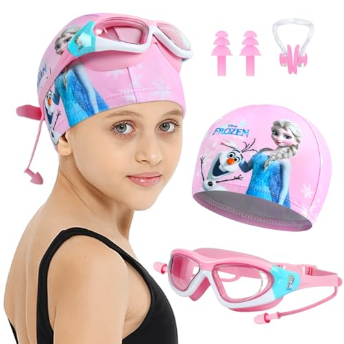 Badekappen für Kinder, 4 Stück Badekappe Kinder, Badekappe Mädchen, Badekappe mit Cartoon-Muster,Badekappe Set mit Schutzbrille, Ohrstöpsel und Nasenclip für 3-8 Mädchen (Rosa)