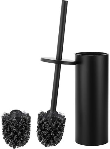 GERUIKE Escobillas de Baño Negro Aceros Inoxidable en Suelo Escobilla WC con Soporte Escobilla - Escobillero Baño con 2 Cabezal de Cepillo para Inodoro y Portaescobillas Mate