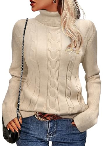 heekpek Pullover Damen Winter Rollkragenpullover Warm Elegant Strickpullover Schlanker Schnitt Winterpullover Grobstrick Weich Damenpullover Langarm, Beige, M