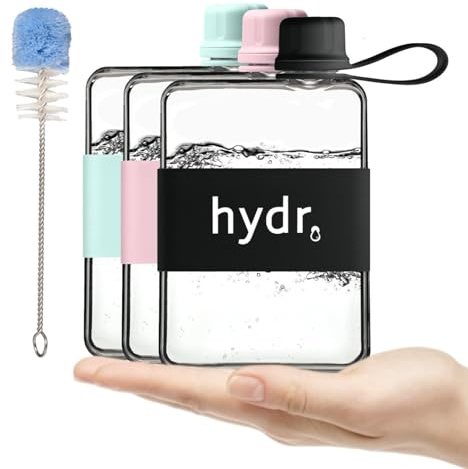 hydr™ v2 Flat Water Bottle For Handbag & Flexible Cleaning Brush | 500ml Tritan BPA Free Slim Travel Water Bottle, small bottle for handbag (Nero Black)
