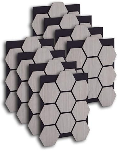 Homestyle4u Akustikpaneele Holz 76x62 cm 8 Stück Hexagon Akustikplatten Schallschutz Wandpaneele 3D Grau Schalldämmung