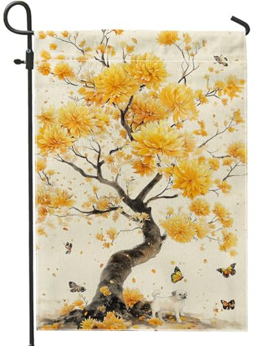 Bandera de jardín floral de otoño, flores de crisantemo amarillas, decoración al aire libre, bandera de arpillera de doble cara, decoración de césped de temporada, 12 x 18 pulgadas