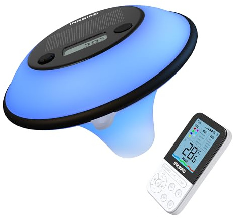 Inkbird IBS-P05R Termometro Piscina Solare|7 Luci Colorate|Impermeabile IP68|Sensore Luce Automatico|Funzione Timer|Termometro Piscina Galleggiante con Telecomando per Spa,Stagni,Acquari