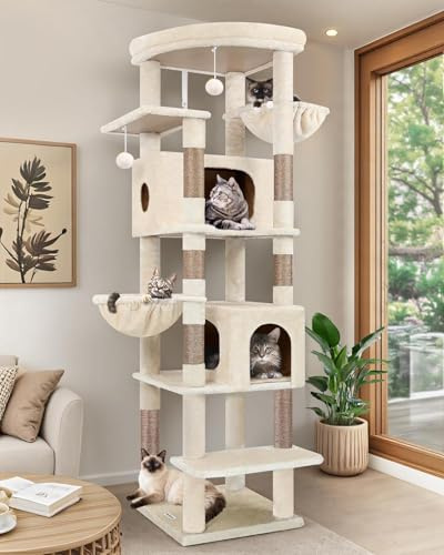 Globlazer Árbol Rascador Beige Grande Alto 188 cm con 2 Grandes Nidos, 48 * 48CM Plataformas Acolchada, 2 Felpa Cesta, Estable Árbol Torre para Grande Gato 3-5 Adulto Gatos Más de 5 kg (S74, Beige)