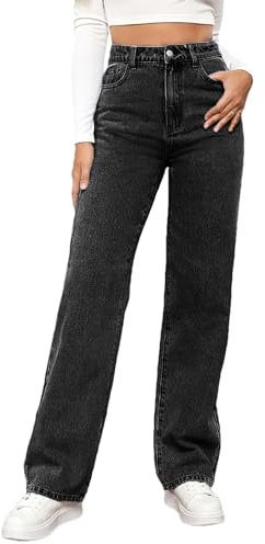 Jamron Mujer Pantalones Vaqueros Rectos de Cintura Alta Jeans Casuales de Pierna Ancha Negro L
