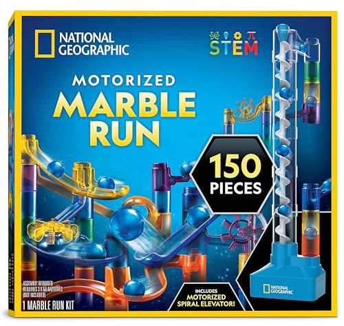 National Geographic Marble Run with Motorized Elevator - 150-Piece Marble Maze Kit with Motorized Spiral Lift, 30 Marbles, Storage Bag & More, Perpetual Motion Machine, Kids Physics Toys