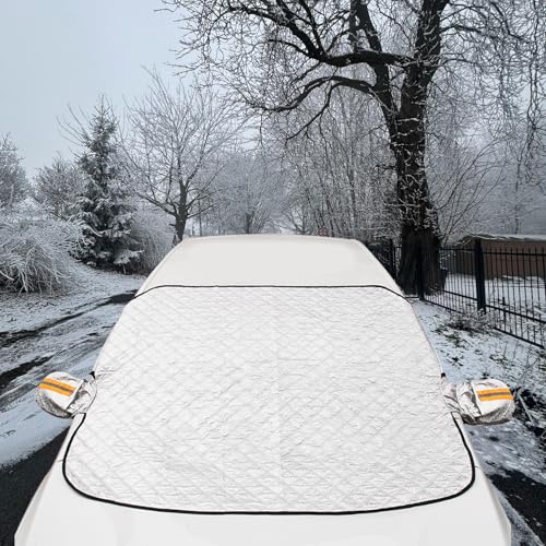 HongFuFu 147x100 CM Windshield Snow Cover with Side Mirror Covers and Reflective Strips – Magnetic Car Windshield Cover for Snow and Sun, 4-Layer All-Weather Protection