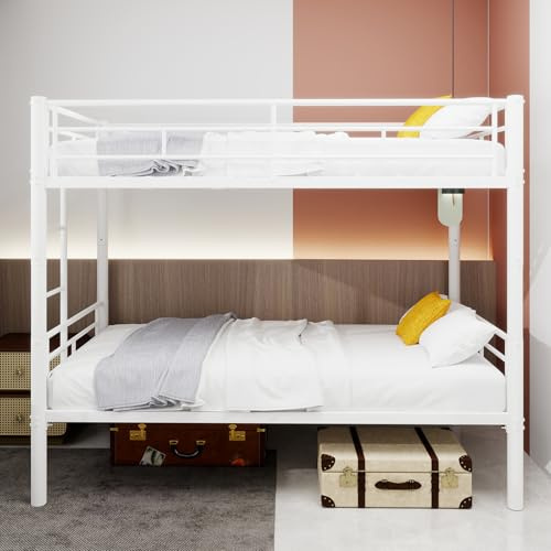 Lubvtti Estructura de litera infantil de metal, convertible en dos camas individuales, cama para niños 90x190 cm con escalera y barandilla (B-Blanco)