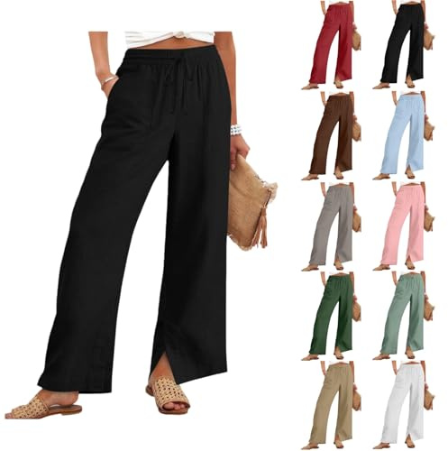Linen Trousers Womens Straight Leg Trousers Elasticated Waist Drawstring Cotton Palazzo Pants Ladies Casual Pants with Pockets Womens Clothing (Black,L)