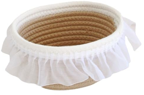 DECHOUS Panier de Rangement Tressé en Corde de Coton Petit, Corbeille de Bureau Compacte 17,5x15x9 Cm, Coloris Kaki et Blanc, Organisateur de Maquillage et Accessoires Multifonction